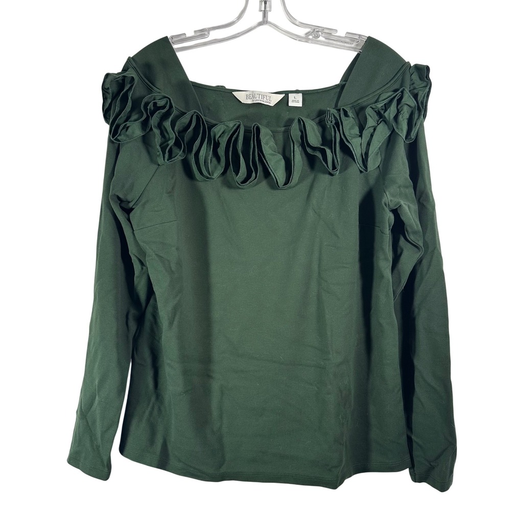 Beautiful by Lawrence Zarian Hunter Green Ruffle Square Neck Long Sleeve Top L